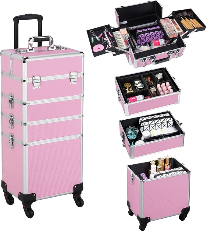 Topeakmart 4-in-1 Cosmetology Case on Wheels Lockable Makeup Trolley Pink | Reinforced with aluminum trim and steel corners, this rolling makeup train case organizes and locks supplies anywhere - Image 2