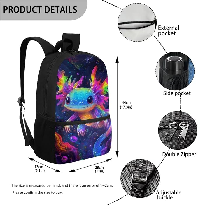 Axolotl Backpack and Lunch Box 17 Inch Elementary School Backpacks with Lunch Box Cute Animal Print Bookbag/Lunch Bag/Pencil Case/Water Bottle Holder, 4 Piece Back to School Bags - Image 3