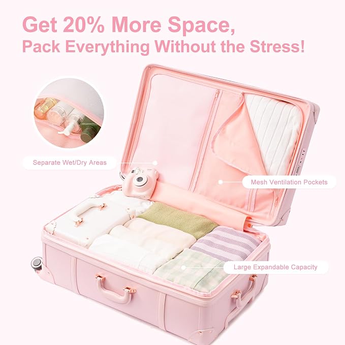 NZBZ Vintage Luggage Sets for Women Retro Suitcase Cute Vintage Expandable Luggage of 3 (Blush Pink, 20inch & 24inch & 28inch) - Image 5