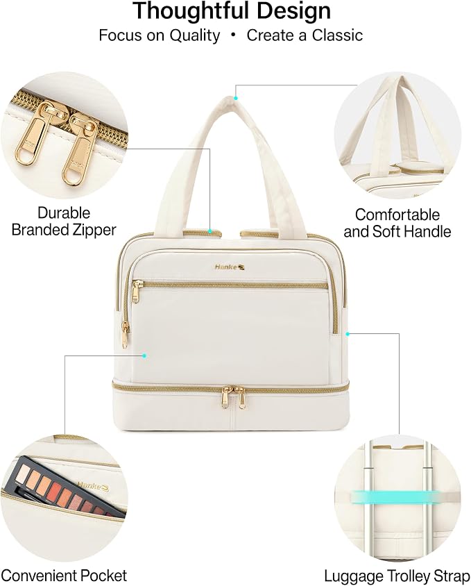 Hanke Travel Toiletry Bag, Lightweight Wide-open Large Toiletry Bags for Women, Dual-Layer Makeup Bag Water-Resistant Cosmetic Travel Bag with Handle for Accessories, Essentials, Off White - Image 7