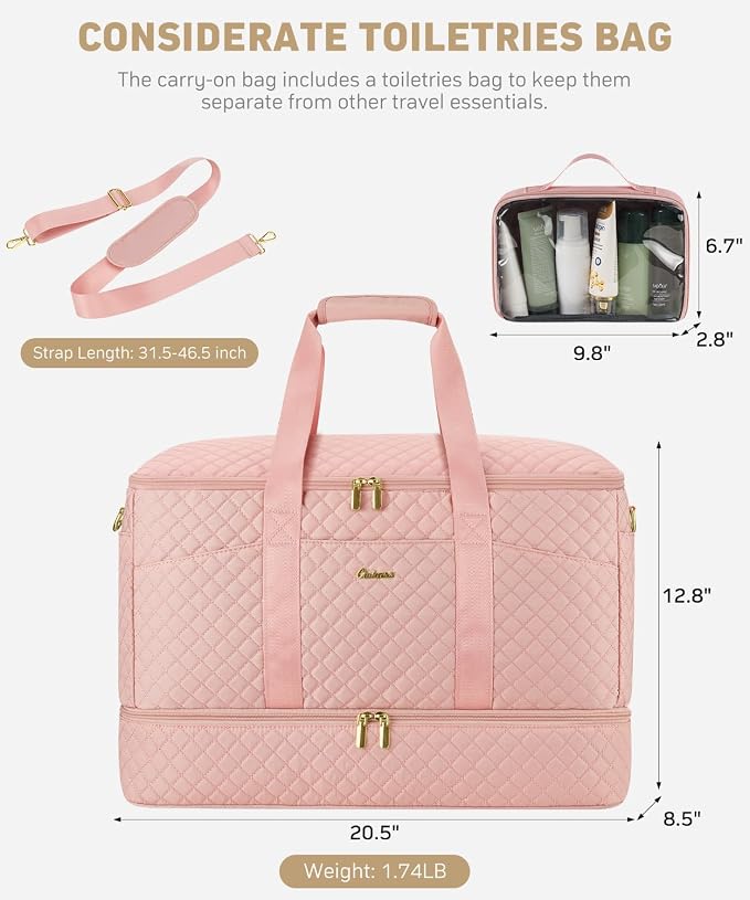 Duffle Bag for Travel, 40L Weekender Bag with Shoe Compartment, Carry On Overnight Bag for Women with Toiletry Bag Duffel Bags with Wet Pocket for Gym Hospital Bags for Labor and Delivery Pink - Image 5