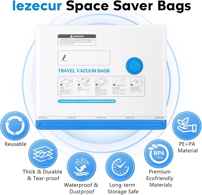 12 Pack Vacuum Storage Bags for Travel with Rechargeable Cordless Pump, Space Saver Bags for Clothes, Compression Packing Bags for Luggage and Suitcase, Blue - Image 7