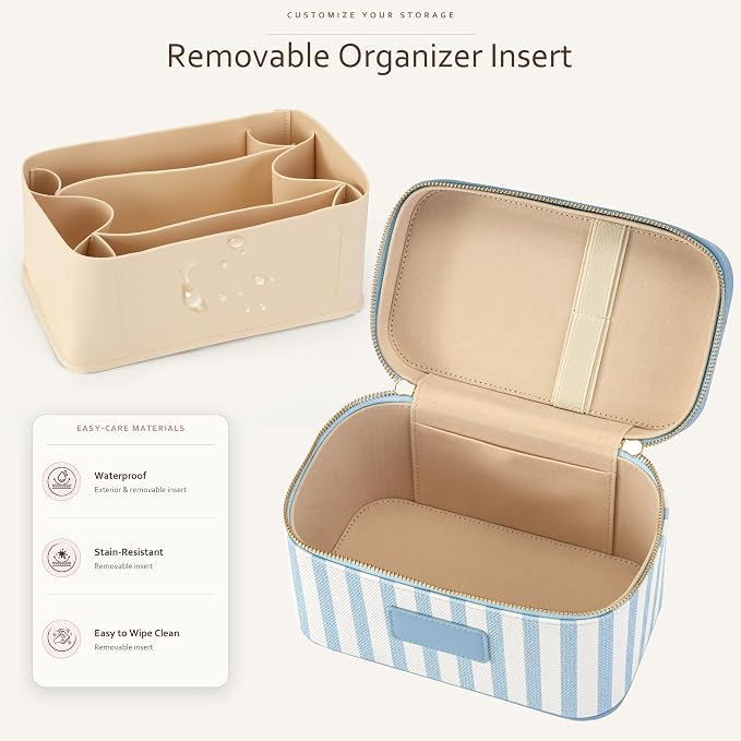Makeup Bag Travel Toiletry Leather Cosmetic Case, Waterproof Makeup Organizer with Brush Holder, Wipe Clean Removable Divider Vanity Train Bag for Women, Misty Blue - Image 2