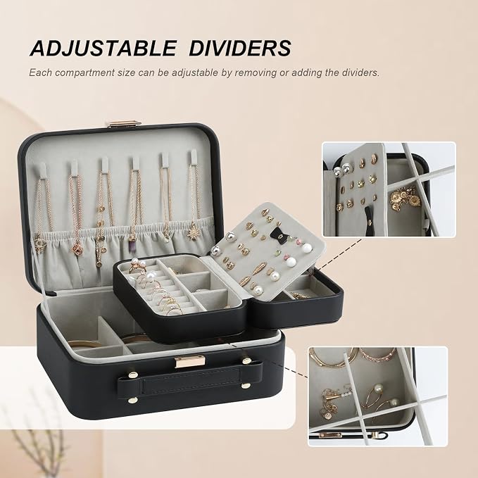 Black Jewelry Box, Large Travel Jewelry Case Organizer, 2 Layer Jewelry Holder Organizer, Traveling Jewelry Organizer for Women, Watch Case for Women（Black） - Image 8