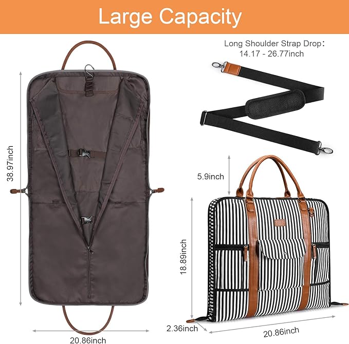 S-ZONE Carry on Garment Bag for Business Travel Canvas Leather Men Suit Cover | Leather Handle Straps, Multi-Pocket, Removable Shoulder strap, Trolley Sleeve, for Gym or Daily Use - Image 5