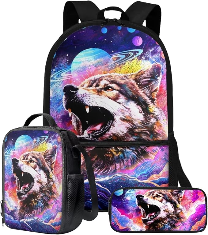 Galaxy Wolf Print Backpack Set for Student Schoolbag Large Capacity Bookbag Lunch Box Pencil Case 17 Inch Travel Laptop Backpacks Rucksack Daypack with Zippered Pockets by ZIATUBLES
