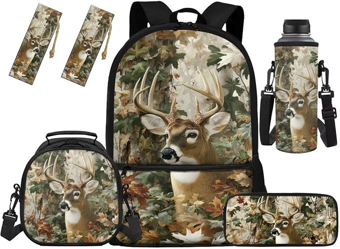 Deer Backpack for School Boys Forest Camo Backpack for Kids School Bag 5 in 1 Bookbag Set with Lunch Box Pencil Case Bottle Sleeve for Boys Preschool Bookbag by Unknown