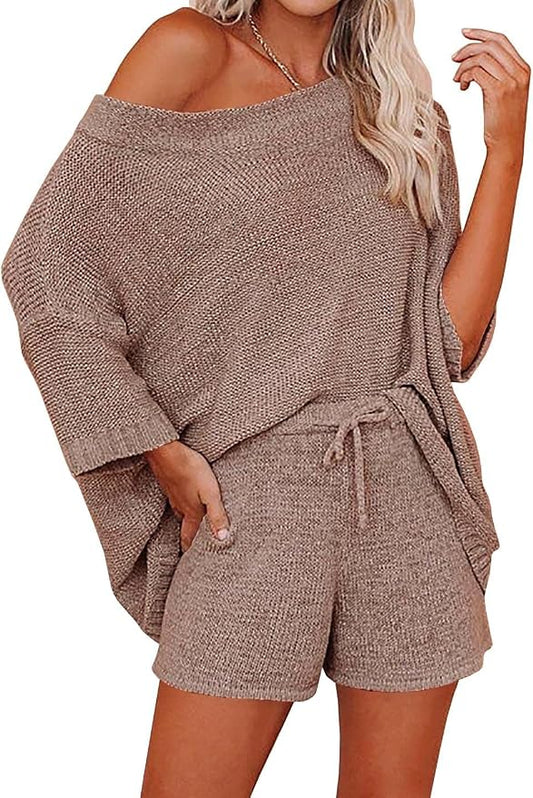 Ermonn Womens 2 Piece Outfits Sweater Sets Off Shoulder Knit Tops Waist Short Suits Casual Pajama Set by Ermonn