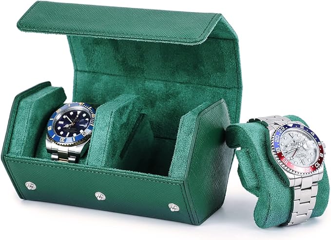 Hiram Genuine Leather Saffiano Leather Watch Roll Travel Case, Leather 2-Watches Roll Case for Treasured Watches and Bracelets(Green) by Hiram