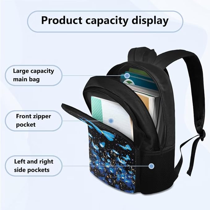 Kids Blue Butterfly School Backpack for Girls Bookbags with Lunch Bag Pencil Pouch & Water Bottle Organizer Set of 4, Hiking Bookbag Lightweight Book Bags Rucksack for Travel - Image 2