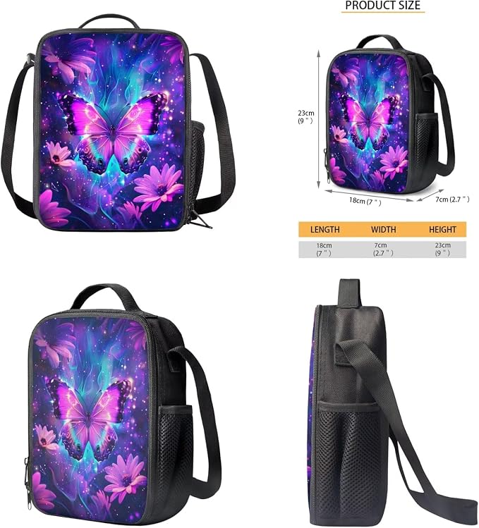 Galaxy Butterfly Backpack for Girls Kids Backpack with Lunch Box Water Bottle Pouch and Soft Pencil Case 4PCS Set Bookbag with Compartments for School Teens 17 inch School Bag with Side Pocket - Image 5