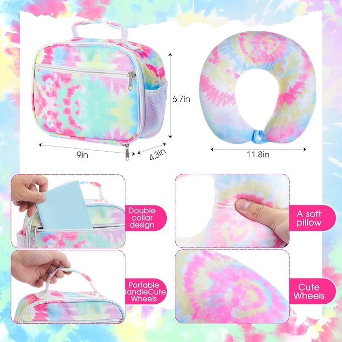 Redbaker 6 Pcs Kids Luggage Set, 17 Inch Rolling Suitcase with Backpack Lunch Bag Neck Pillow, Tie-dye Travel Set for Summer Vacation Sleepover Back to School Gift - Image 5