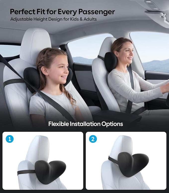 Wigoo Ergonomic Car Neck Pillow with Adjustable Strap, Black 2-Pack | Slim Upgrade| Extra Strap| Universal Fit - Image 2