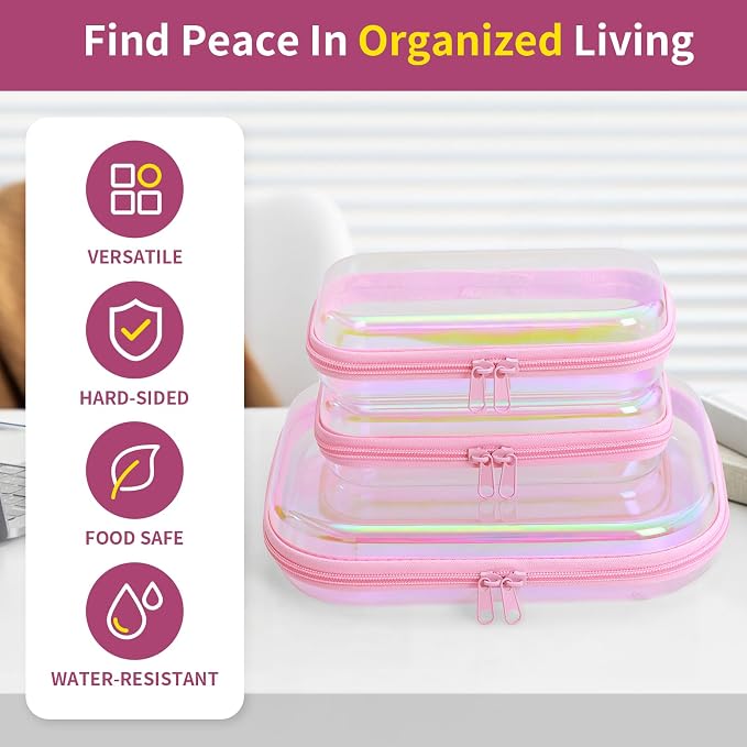 Clear Hard Shell Zipper Case, Surface scratch resistant material, Portable Cosmetic Bag with Zipper, Diaper Bag Organizing Pouches, Hard Plastic Case, Clear Bags for Organizing, Laser Pink （3 Pcs） - Image 3