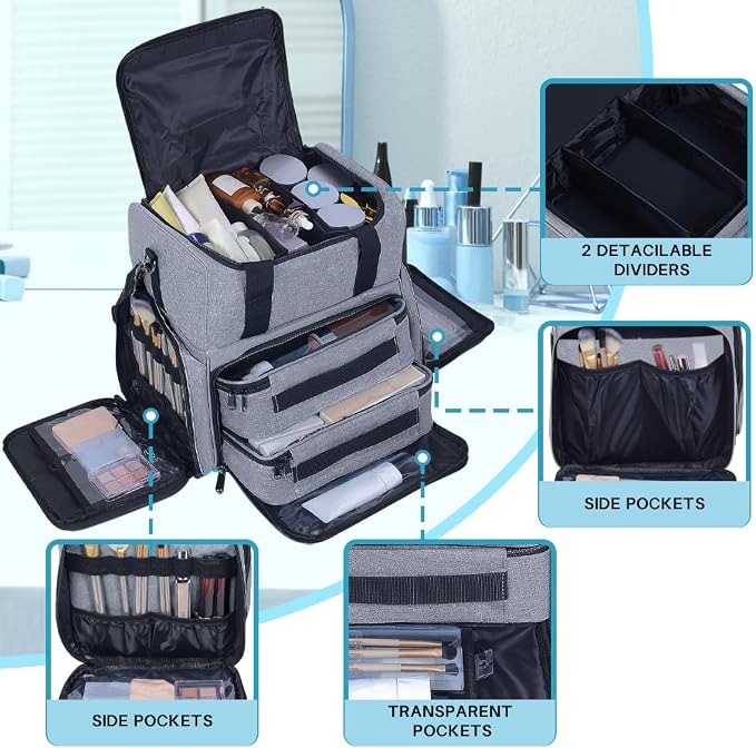Large Makeup Bag with 2 Removable Case Cosmetic,Grey | Large Makeup Bag with 2 Removable Case Multifunctional Cosmetic Bag Double Layer Travel Toiletry Organizer - Image 3