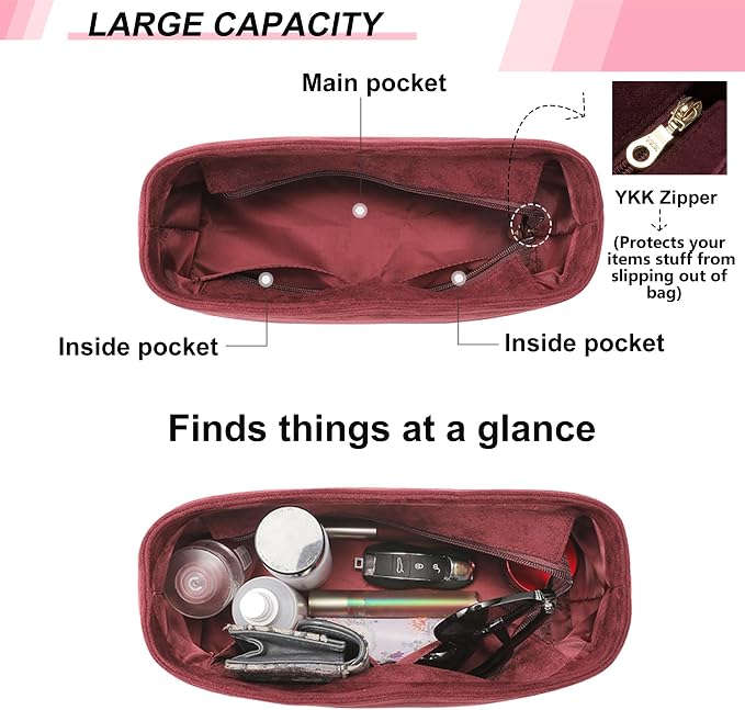 Carryall PM Insert Organizer, Velvet Bag Organizer Insert Compatible with lv Carryall and More, Sturdy Gold Zipper, Pecfect for Handbag Shaped & Neat(Small,Red) - Image 5