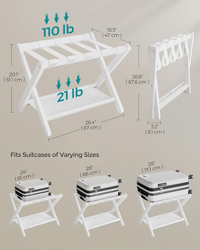 SONGMICS Luggage Rack, Set of 2, Folding Suitcase Stand with Storage Shelf, for Guest Room, Hotel, Bedroom, Heavy-Duty, Holds up to 131 lb, Cloud White URLR007W02 - Image 5