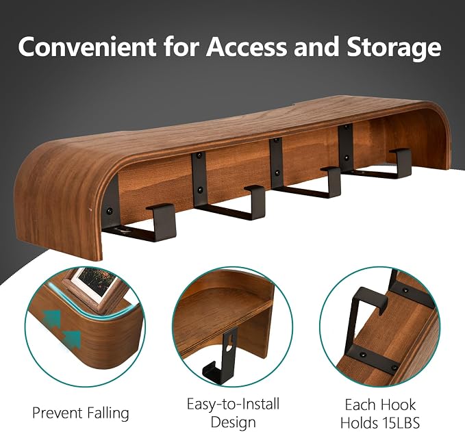 Coat Rack Wall Mount with Hidden Hooks Modern Key Holder Wood Entryway Hook with Shelf for Bedroom Kitchen Hallway Bathroom Designed for Hanging Coats Hats Bags Towel Dog Leashe(Walnut,4 Hooks) - Image 4