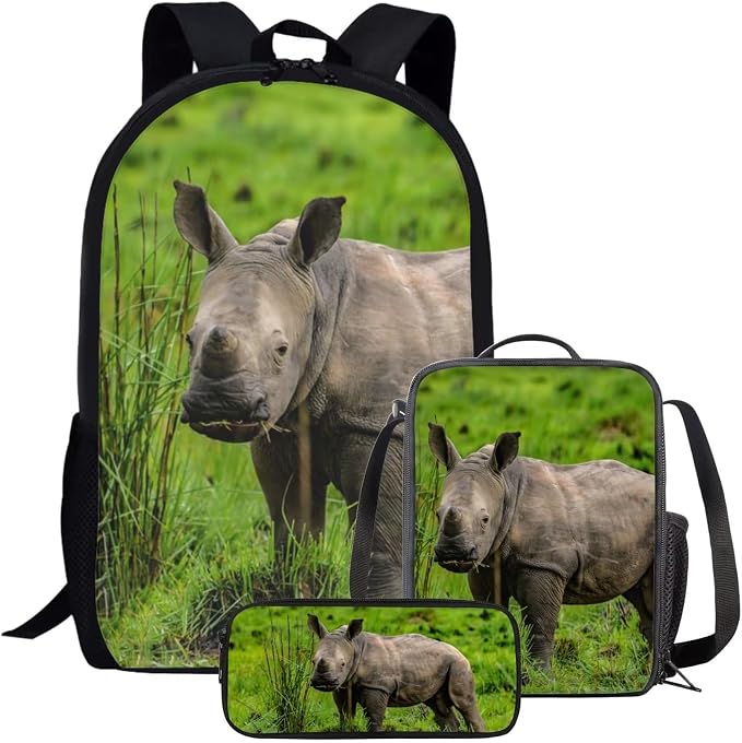 Kids Novelty Animal Backpack and Lunch Box for Boys Girls Student Lightweight 17 Inch School Rhinoceros Backpack with Lunch Bag Pencil Case Kids Comfy Padded Black Large Bookbag by Parprinty