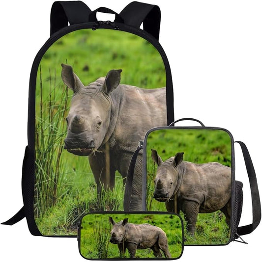 Kids Novelty Animal Backpack and Lunch Box for Boys Girls Student Lightweight 17 Inch School Rhinoceros Backpack with Lunch Bag Pencil Case Kids Comfy Padded Black Large Bookbag by Parprinty