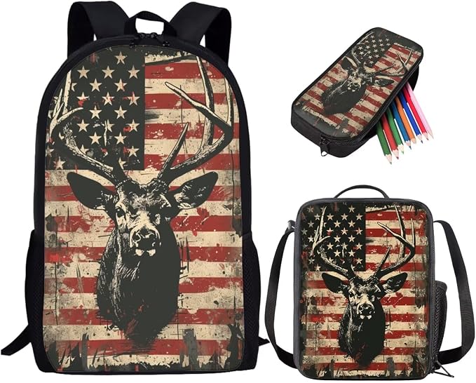 Deer Kids School Backpack for Boys Girls, American Flag Casual School Bag with Lunch Box Pencil Case, Lightweight 3PCs School Bookbag Set Suitable for Boys and Girls, Multicolor by PCSJRKG