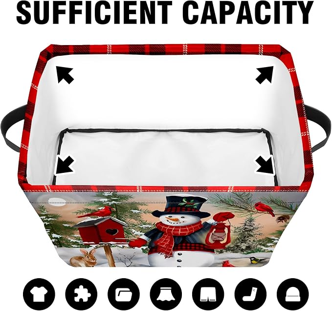Christmas Decorative Storage Bins with Handles, Christmas Snowman Baskets Foldable Cloth Organizer Storage Boxes for Home Office 14 x 10 x 8 - Image 5