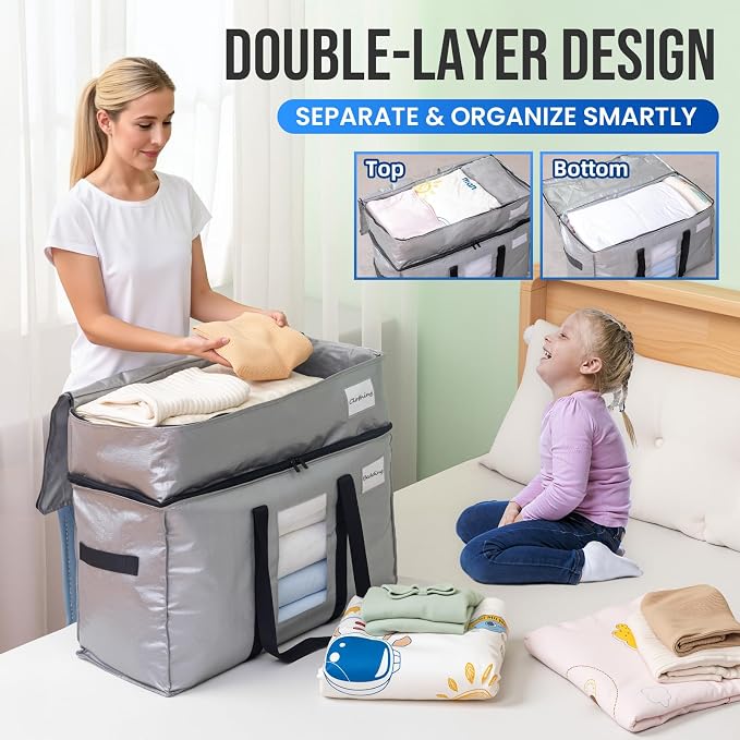 TAILI 2 Tier Extra Large Moving Bags, 2 Pack Silver Heavy Duty Totes For Storage with Visible Window, Wrap Around Handles, Storage Bags for Space Saving, Alternative to Moving Boxes - Image 3
