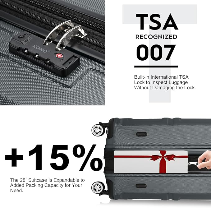 Kono 28 Inch Luggage Expandable Suitcase with Spinner Wheels TSA Lock | Lightweight PC+ABS Hardside Large Checked Luggage Durable Rolling Suitcase Grey - Image 7