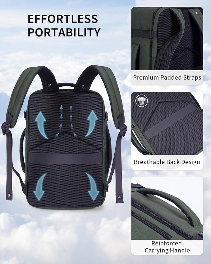 ECOHUB 17" Small Travel Backpack, United Airlines Personal Item Bag 17x10x9 with 16 Pockets, Water Resistant Rucksacks Fit 15.6" Laptop, AirTag Pocket, Lightweight Casual Daypack, 25L, Green - Image 5