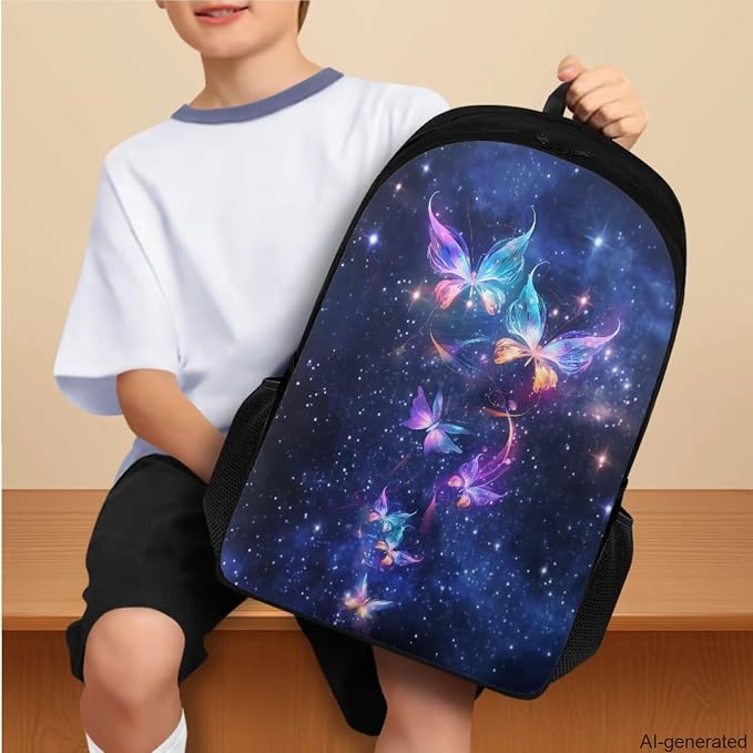 Galaxy Butterfly Backpack for Girls Kids Backpack with Lunch Box Water Bottle Carrier with Strap and Aesthetic Pencil Case 4PCS Set Bookbag with Compartments for School Teens 17" School Bag - Image 3