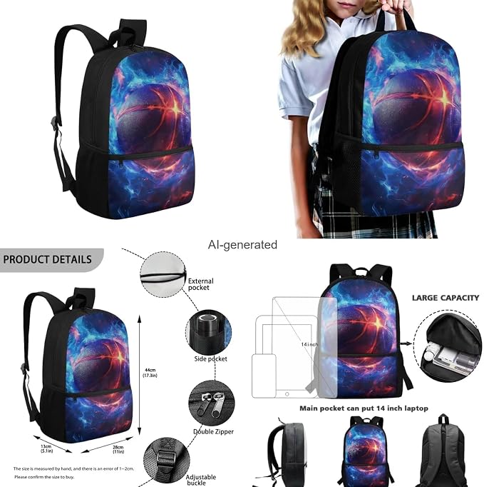 Fire Basketball Backpack for School Boys Backpack with Lunch Box Water Bottle Carrier with Strap and Soft Pencil Case 4PCS Set Bookbag with Front Pocket 17 inch Sturdy School Bag for Kids - Image 3