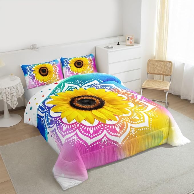 Erosebridal Bohemian Mandala Comforter Set Queen Size, Kids Boho Sunflower Duvet Sets Tie Dye Tribal Exotic Bedding Set for Boys Girls Teens Women, Psychedelic Watercolor Quilt Set Soft for Bedroom - Image 6