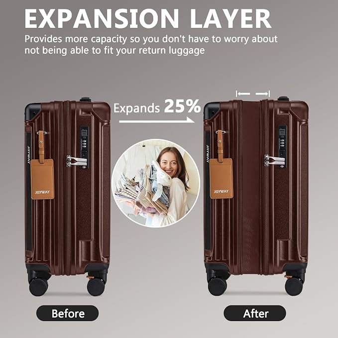 Joyway 20in Carry On Luggage with Cup Holder and USB Port, 25% Expandable Capacity, Smart Suitcase Set with Anti Slip Wheels and Handbag, Perfect for Men and Women (Coffee, Carry-On 20-Inch Handbag) - Image 4