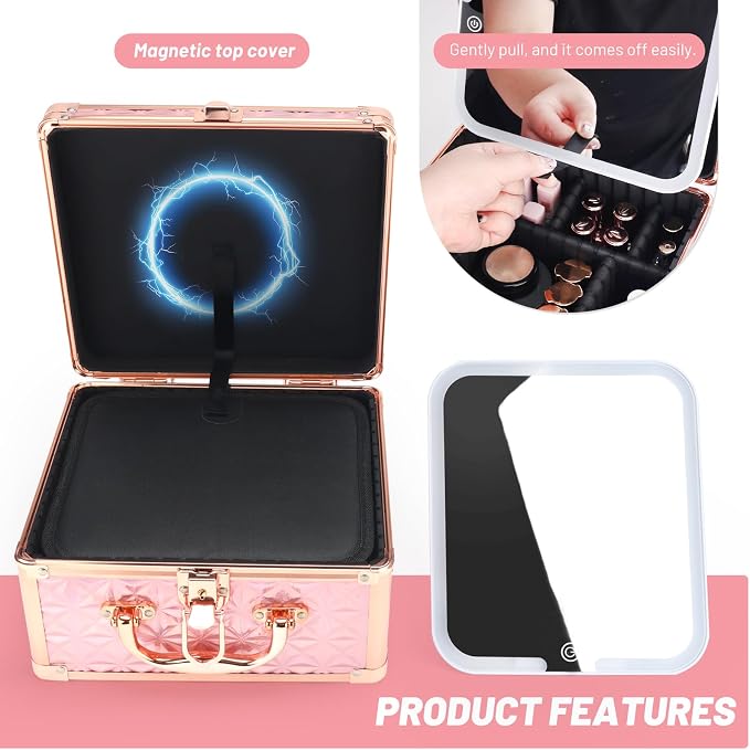 Makeup Case with LED Mirror, Portable Lockable Vanity Case, Travel Makeup Train Box for Women, Cosmetic Organizer, Detachable 3-Color Lighted Mirror, Adjustable Dividers, Brush Holder - Image 5