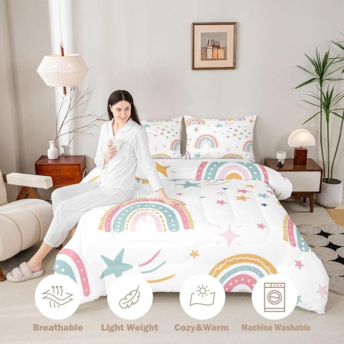 Erosebridal Rainbow Duvet Insert King Cartoon Rainbow Comforter Set, Colorful Iridescent Confetti Bedding Set for Kids Boys Girls Teens Women Bedroom Decor, Hand Drawn Quilt with 2 Pillow Cases - Image 3