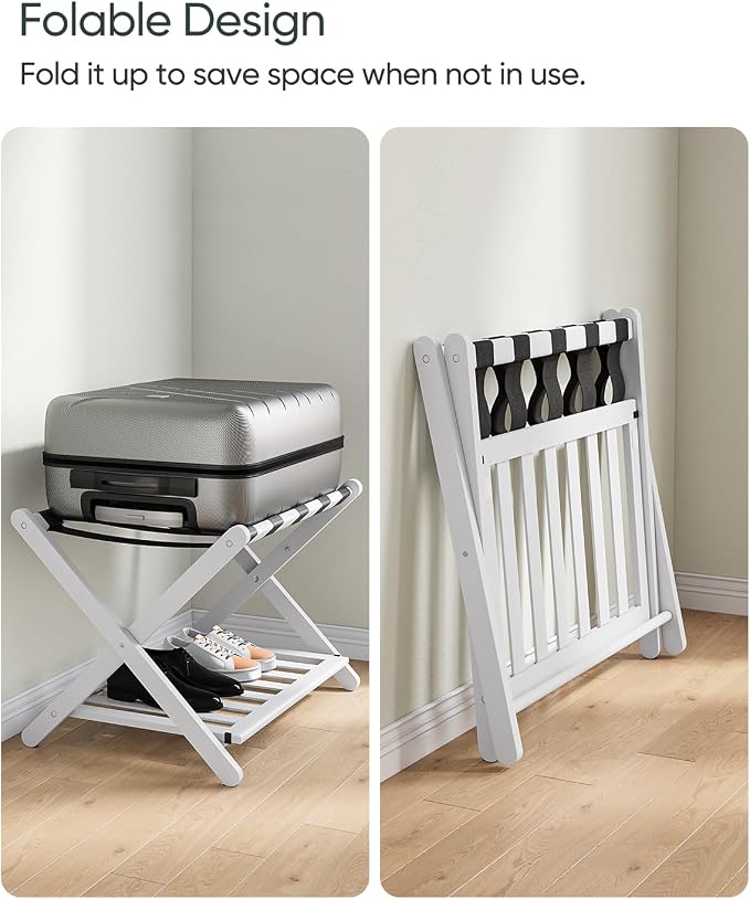 Smart FENDEE Fully Assembled White Bamboo Luggage Rack, 5 Straps Folding Suitcase Stand with Shoe Shelf, Heavy Duty Wood Large Luggage Holders for Guest Room, Bedroom, Hotel - Image 3