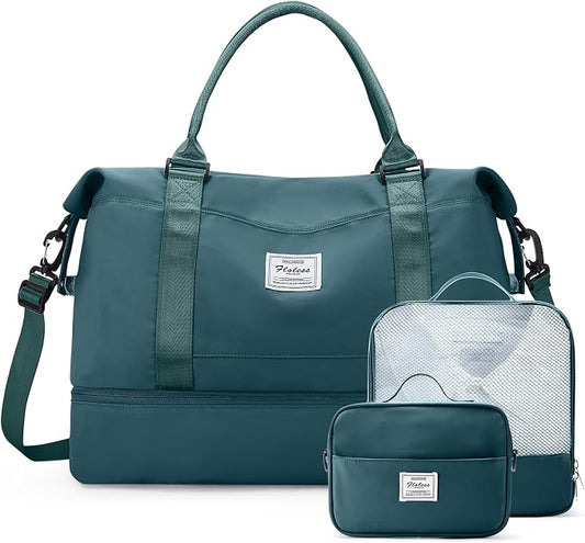 Weekender Bags for Women, Carry-On Overnight Travel Duffel Bag | Travel Bag with Shoes Compartment & Toiletry Bag, Extra Large, 3 Pcs Set by SYCNB