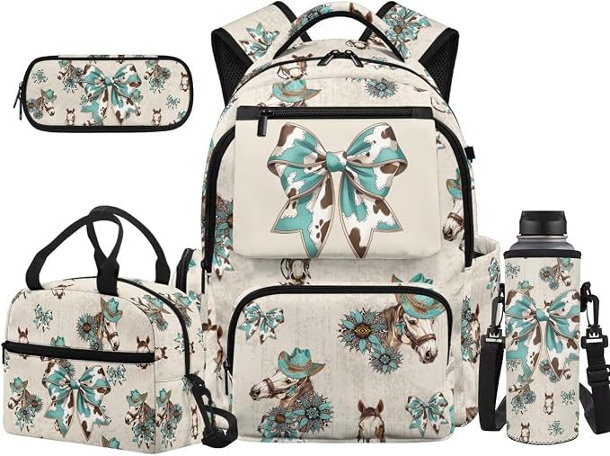 Cow Print Bow 4Pcs Kids Backpack Set, 17 Inch School Bag | Lunch Bag, Water Bottle Holder, Lightweight Durable 600D Material, Multi Pockets, for Boys Girls Elementary Middle School by Unknown