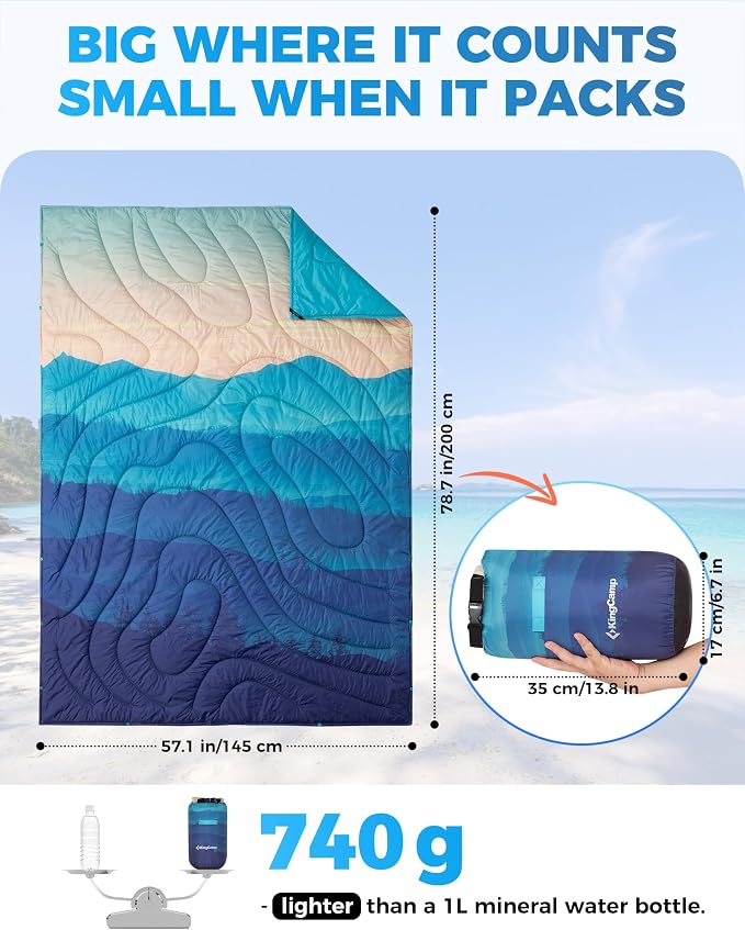 KingCamp Ultralight Camping Blanket, Packable Down Alternative Puffy Printed Wearable Blanket with Snap Buttons & Corner Loops Weatherproof Quilt for Outdoor Travel (78.7" x 57.1", Cyan/Orange) | Down Alternative Puffy Printed Blanket with Snap Buttons... - Image 2