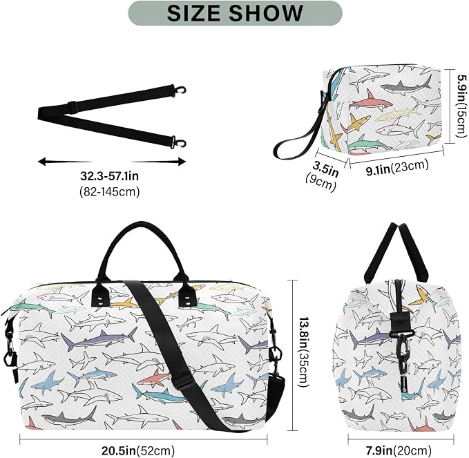 Weekender Bags Travel Duffel Gym Bag Carry on Overnight Tote Bag with Toiletry Bag for Airplane Travel Trip Gym Yoga (Drawing Sharks 2) - Image 3