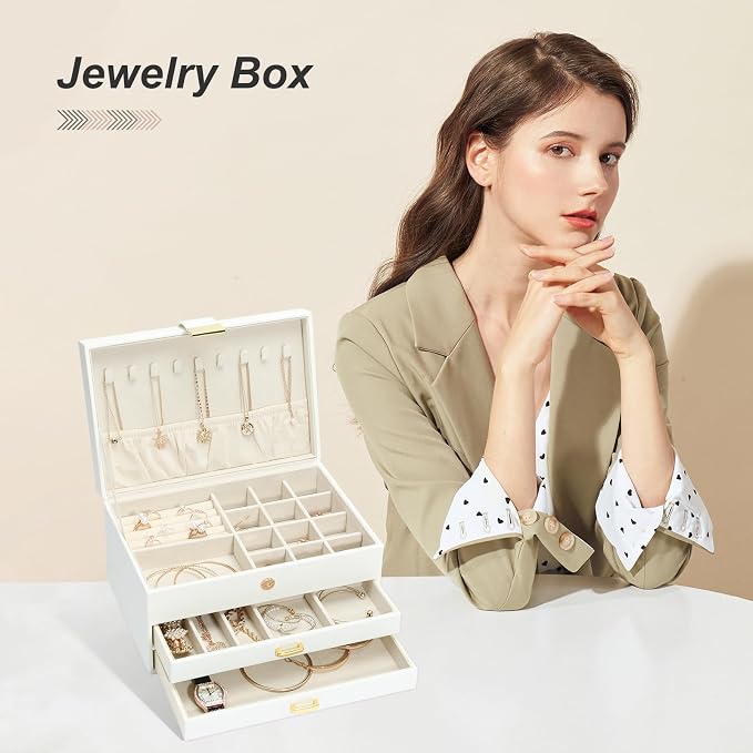 Jewelry Organizer Box, Women Jewelry Box 3 Layers with 2 Drawers, Large Jewelry Organizers Jewelry Boxes Display Earring Necklace Watch Bracelet and Rings, White - Image 3