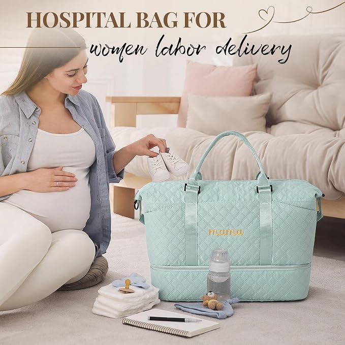Dansydaisy Mama Hospital Bag for Women Labor Delivery Travel Duffle Bag with Shoe Compartment and Toiletry Pouch Waterproof Letter Embroidered for Pregnancy Weekender Overnight Gym Gift, Green - Image 6