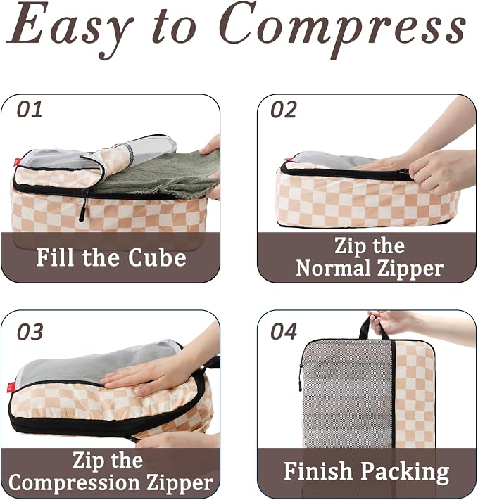 U+U 8 Set Compression Packing Cubes - Ultralight Travel Organizers with Laundry Bag and Cosmetic Bag, Space-Saving Suitcase Organizer for Travel, Business Trip and Family Vacation (Khaki Checkered) - Image 6