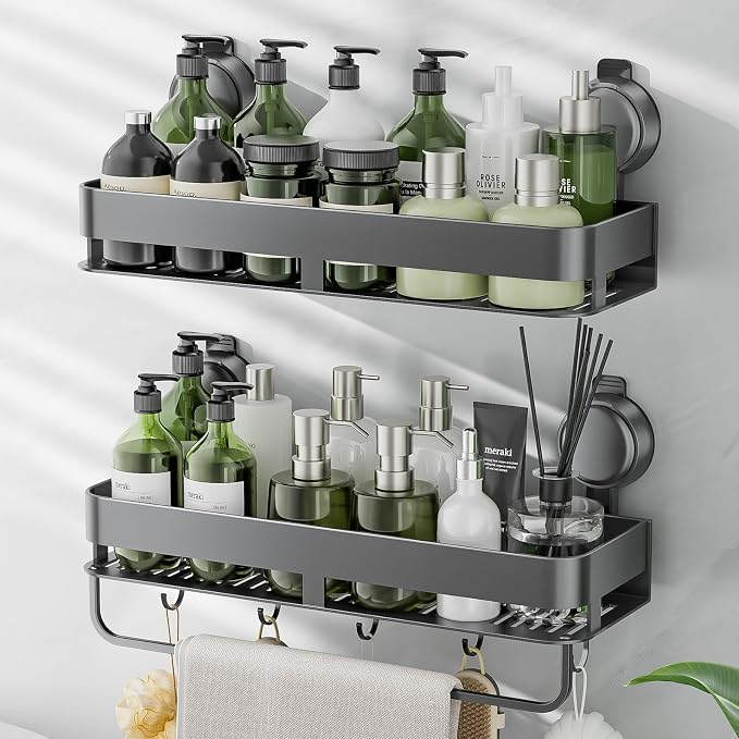 Corner Shower Caddy,Suction Cup Shower Caddy with Hooks,No Drilling Rustproof Aluminum Bathroom Organizers and Storage,Shelves for Bathroom Accessories Decor (15.7inch-Gunmetal Gray) by ONXEBornforqualityNeverWasteYourMoney