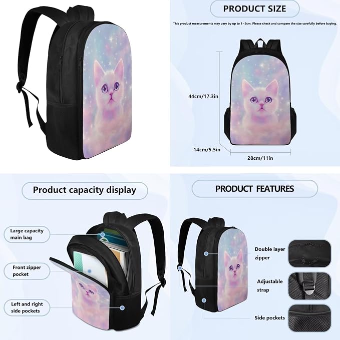 Aesthetic Galaxy Cat Backpack for School Girls Backpack with Lunch Box Water Bottle Bag and Soft Pencil Case 4PCS Set 17" Bookbag with Compartments Lightweight Elementary School Bag for Kids - Image 4