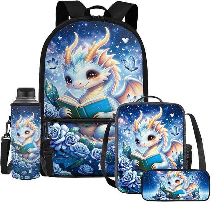 Reading Dragon Backpack for Kindergarten Elementary Kids 4 Piece Children School Supplies Set and Lunch Bag, Pencil Case & Water Bottle Sleeve 17'' Large Capacity Bookbag Fits 15+ Books by Dremagia