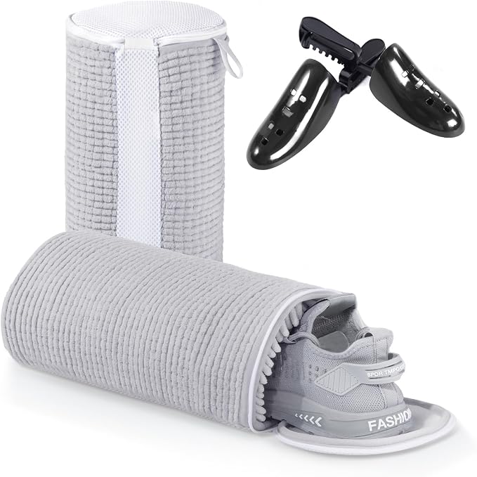 Teletrogy Shoe Laundry Bags for Washing Machine, Reusable Laundry Shoe Bag for Washer and Dryer, Fluffy Fibers 360° Wrap Around Cleaning, Adjustable Protective Shoe Trees - Home Dorm Travel, Gray by Teletrogy