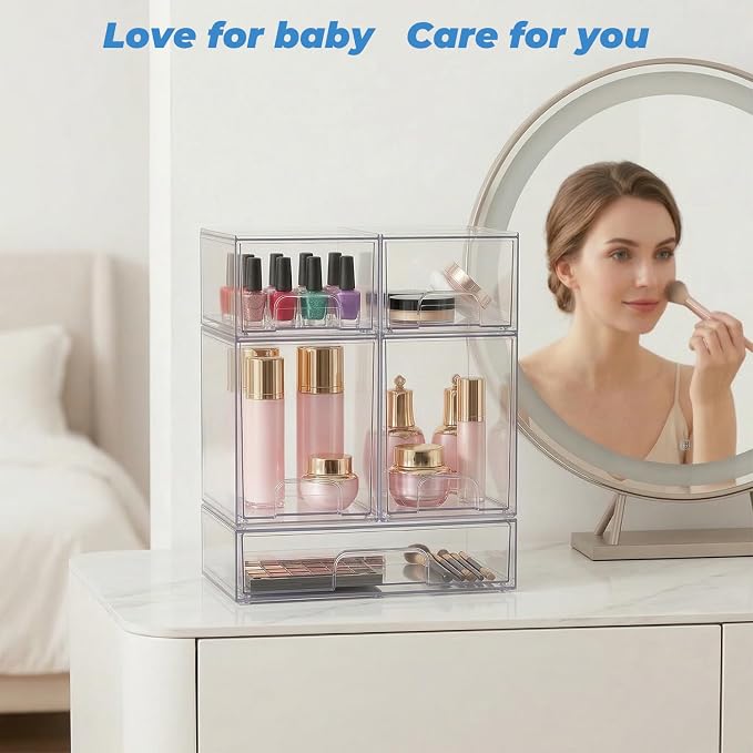Baby Bottle Organizer, 5 Pack Stackable Storage Dust-proof Drawers, Clear Plastic Bottle Station Organizer for Countertop & Cabinet, Pacifier and Medicine Container for Nursery - Image 6