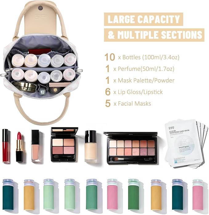 BOYATU Checkered Makeup Bag Organizer with Handle: Large Travel Cosmetic Bag Hold 10+ 100ml Full-Size Bottles for Date & Trip - Waterproof Leather Toiletry Pouch 3-sec Touch-up for Chic Woman(Apricot) - Image 6
