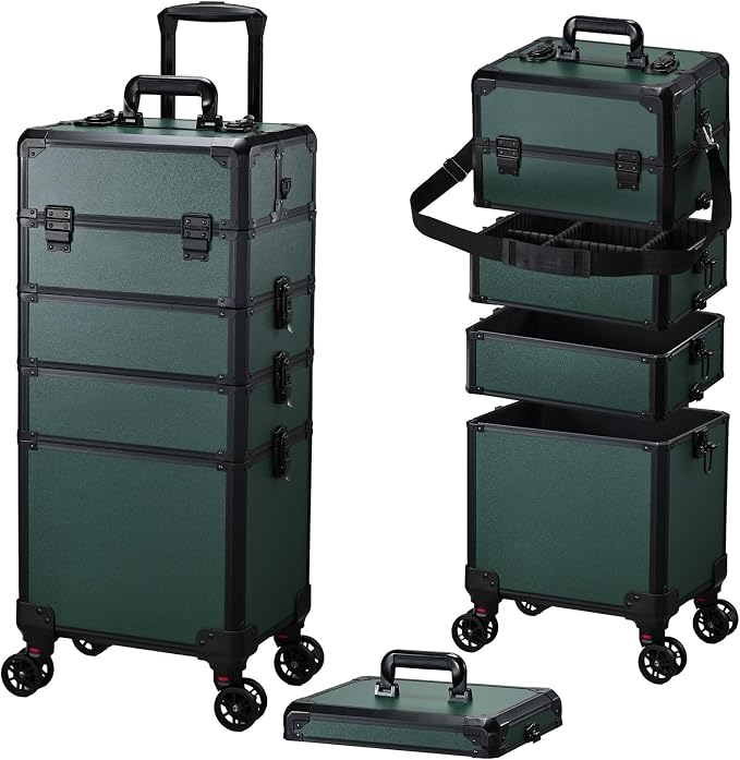 Rolling Makeup Case Makeup Train Case with Lid 5 in 1 Cosmetology Case on Wheels Cosmetic Trolley Organizer Large Makeup Organizers Case Profesional Cosmetic Case for Salon Barber Nail, Dark Green by Frenessa
